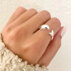 925 Sterling Silver Dolphin Ring Fish Ring Cool Animal Ring Adjustable Ring
